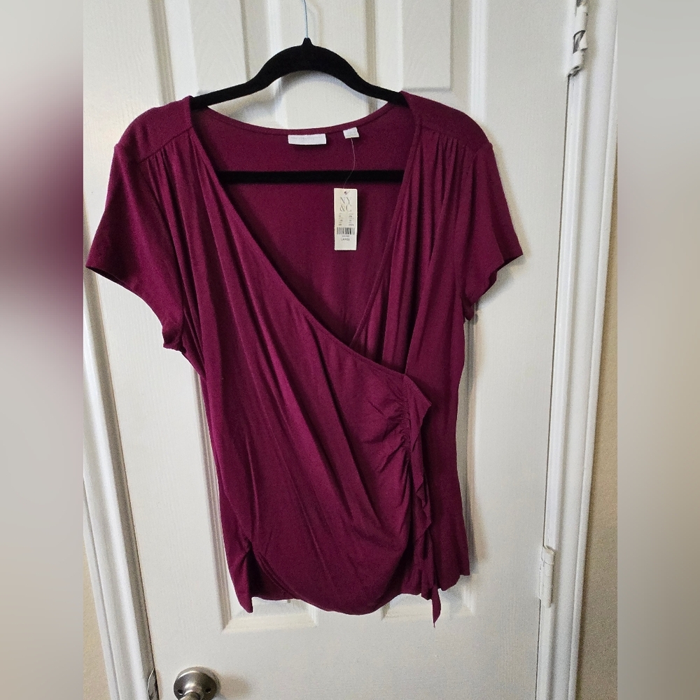 New York & Company Purple Wrap Blouse with Tie Front